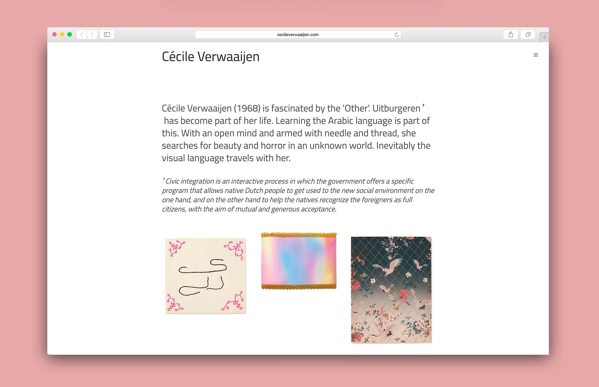 Website van kunstenares Cécile Verwaaijen in een browservenster op roze achtergrond
